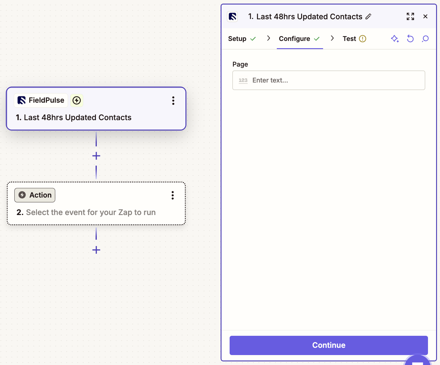 Last 48hrs Updated Contacts trigger Configure tab with an empty Page field
