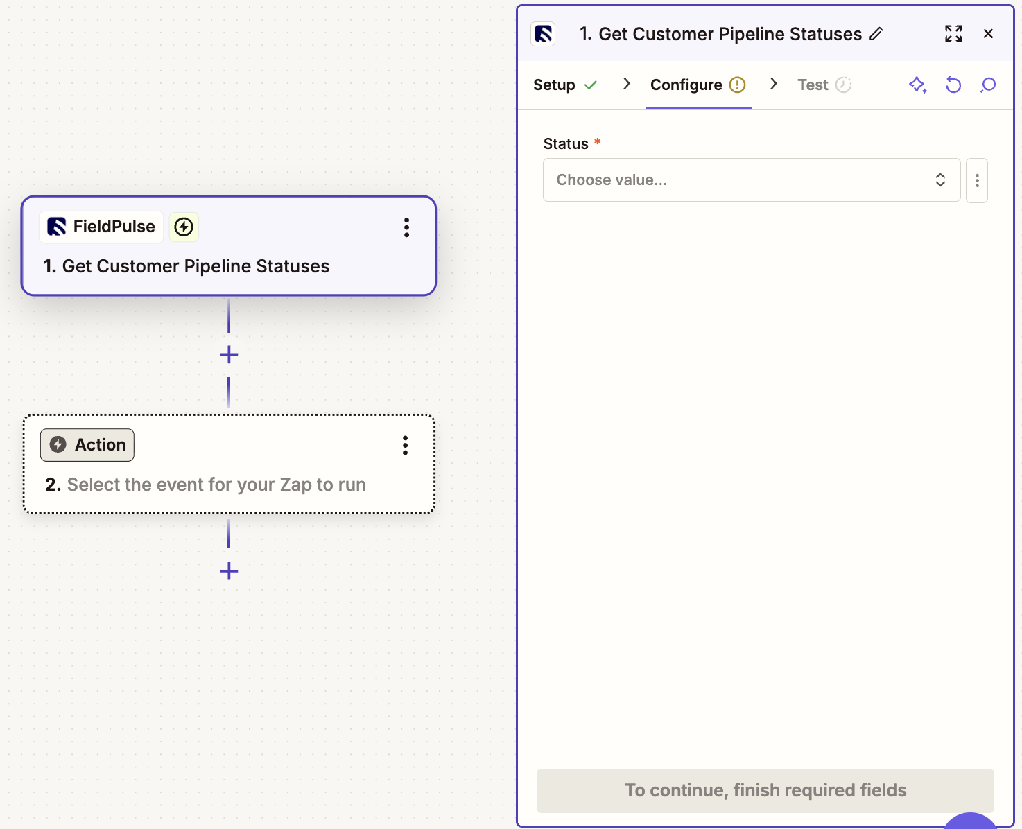 Get Customer Pipeline Statuses trigger Configure tab with a required Status dropdown