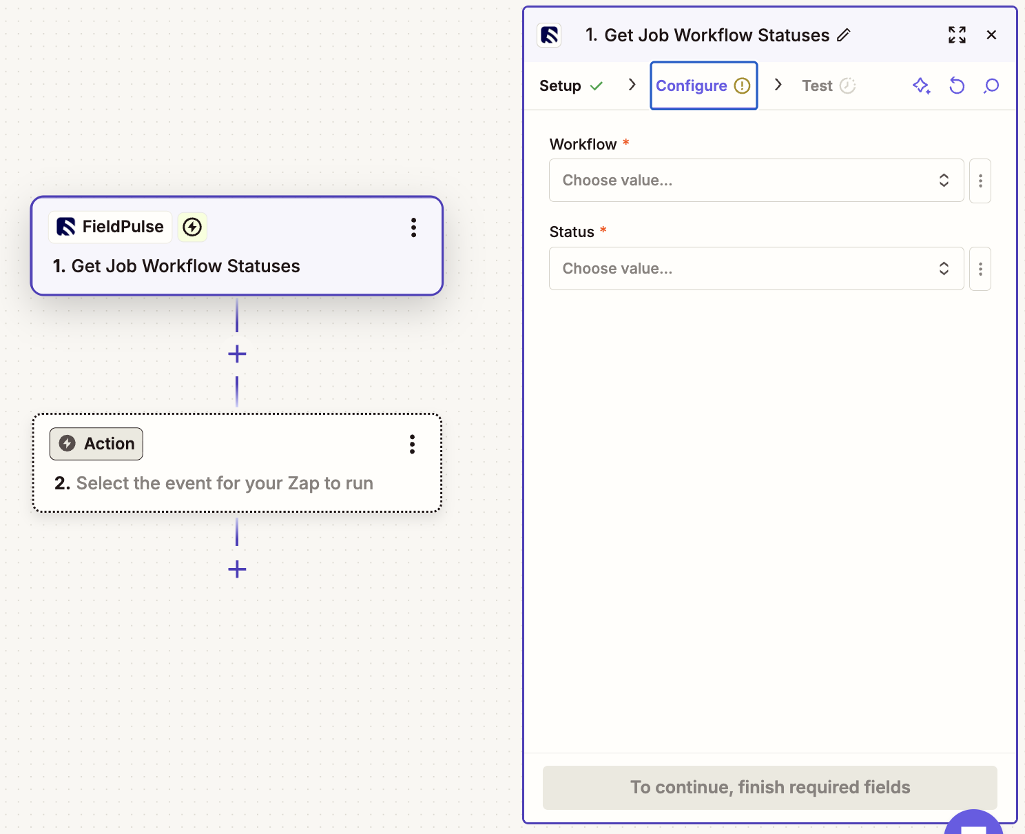 Get Job Workflow Statuses trigger Configure tab with required Workflow and Status dropdowns