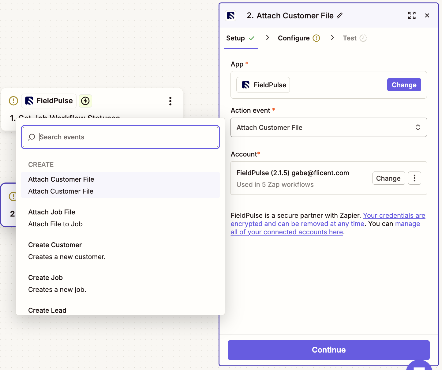 Zapier action step with Attach Customer File selected from the FieldPulse Create events list