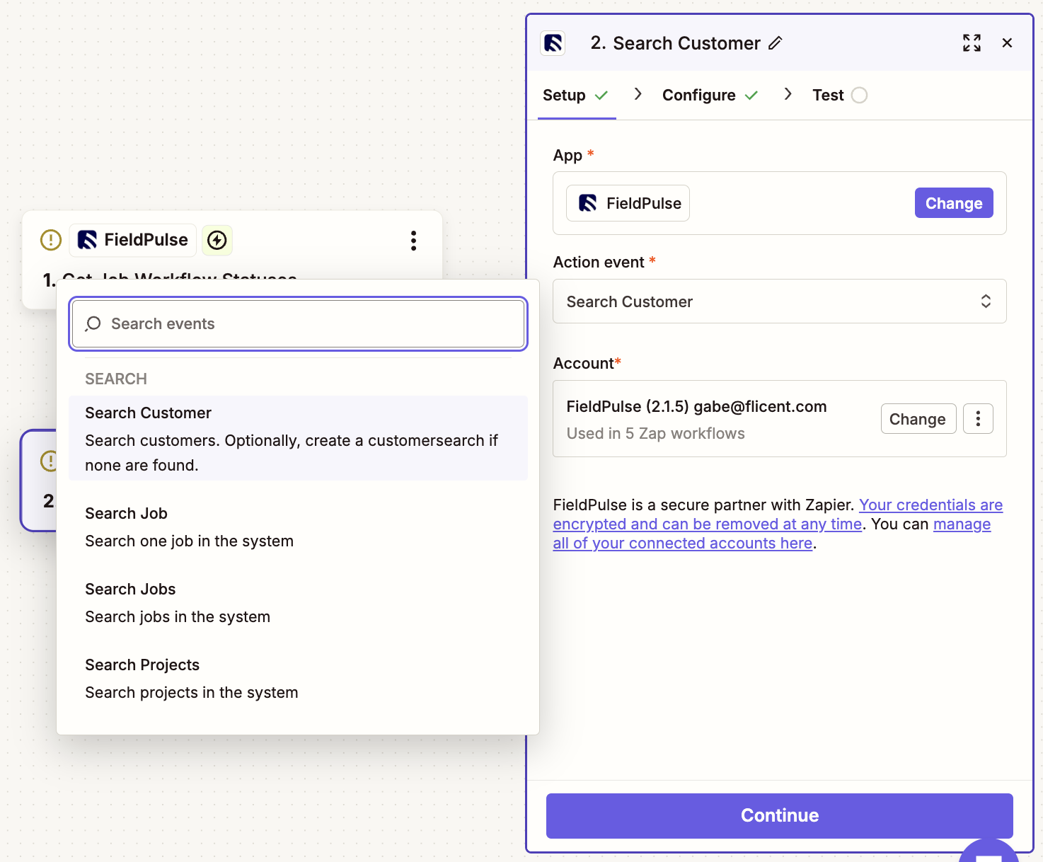 Zapier action step with Search Customer selected from the FieldPulse Search events list