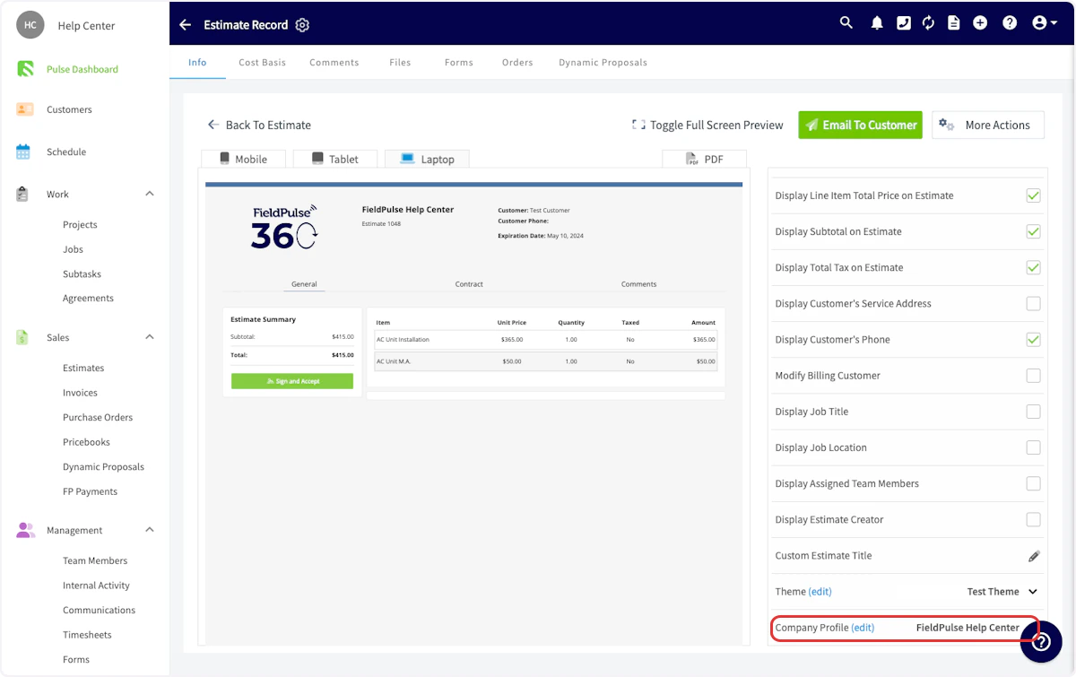 Select FieldPulse Help Center from Company Profile (edit)
