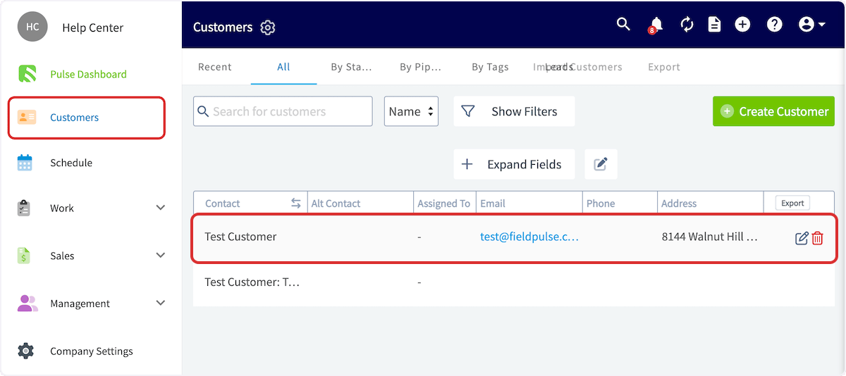 Click on Test Customer…