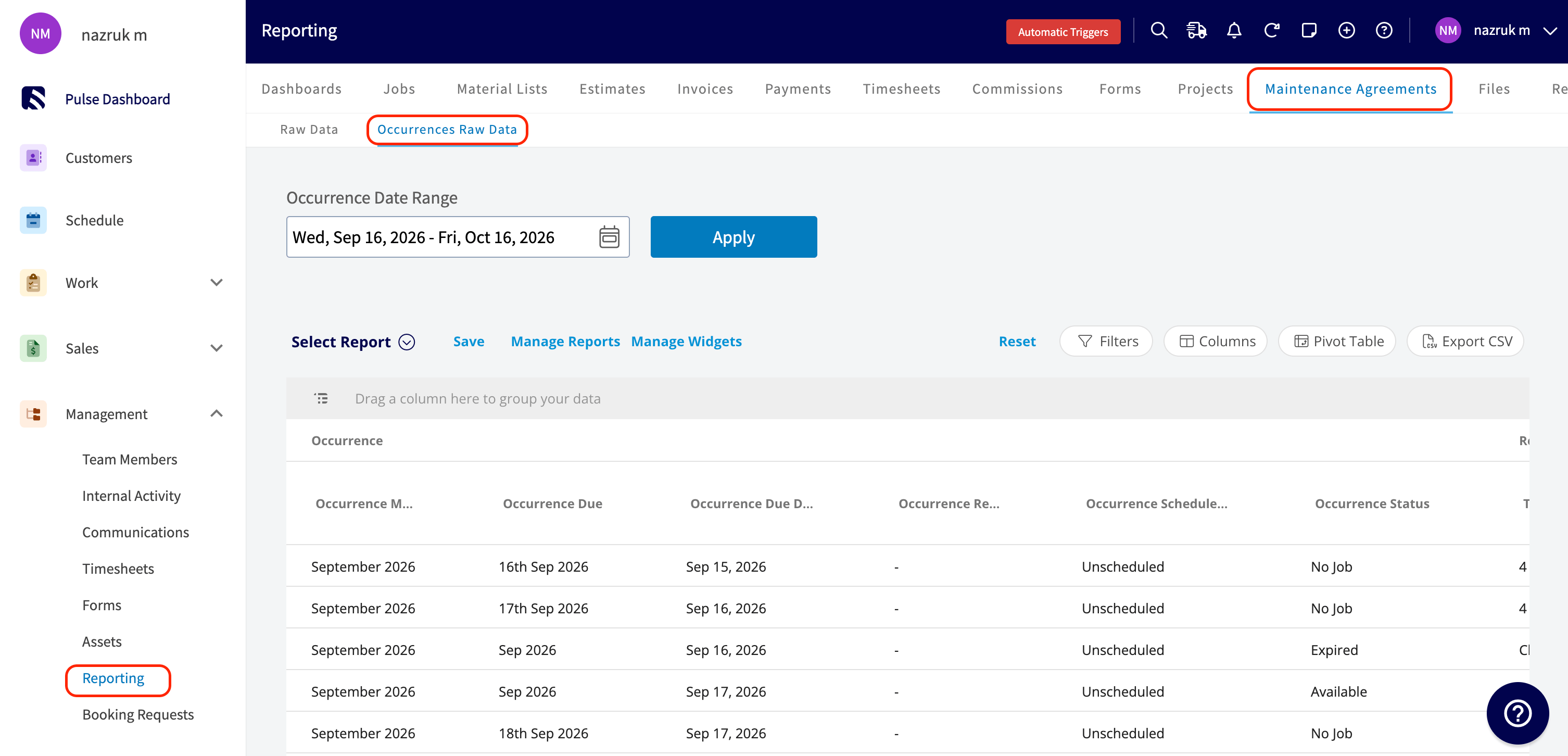 The Occurrences Raw Data sub-tab under the Maintenance Agreements tab in Reporting, with the Occurrence Date Range field, the Apply button, and the Occurrence column group in the report table