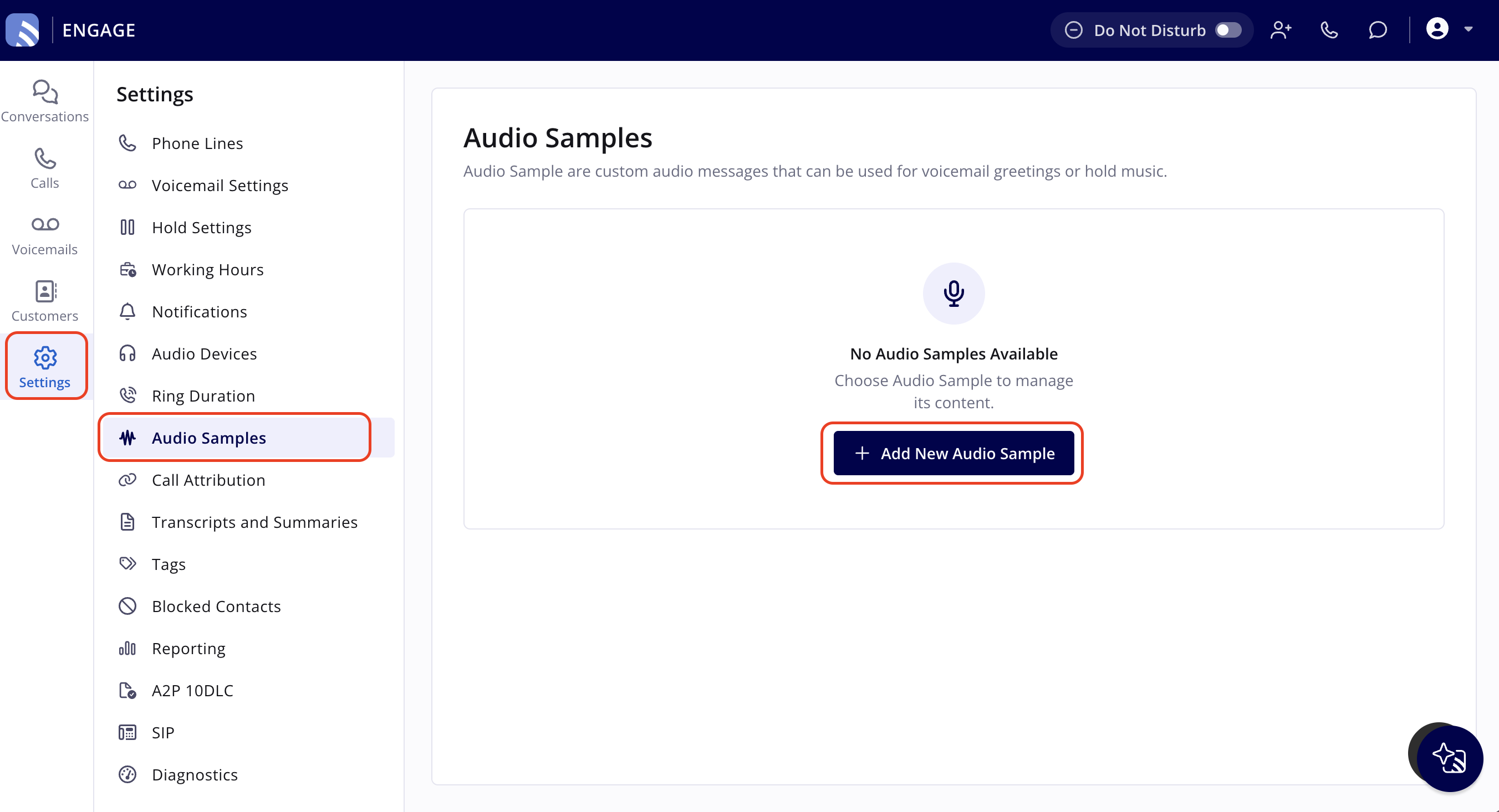 The Audio Samples page in Engage Settings, with Settings highlighted in the left navigation, Audio Samples highlighted in the Settings menu, and the Add New Audio Sample button highlighted