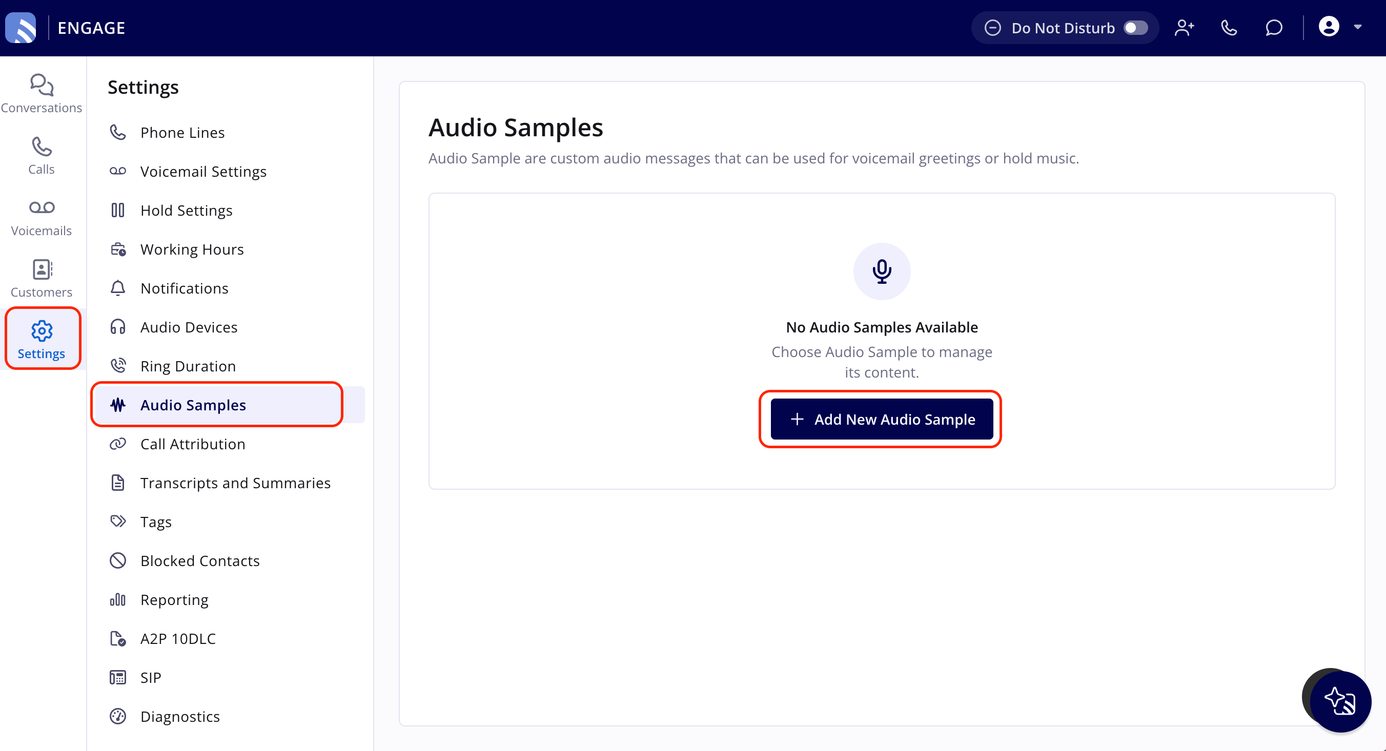 The Audio Samples page in Engage Settings, with Settings highlighted in the left navigation, Audio Samples highlighted in the Settings menu, and the Add New Audio Sample button highlighted