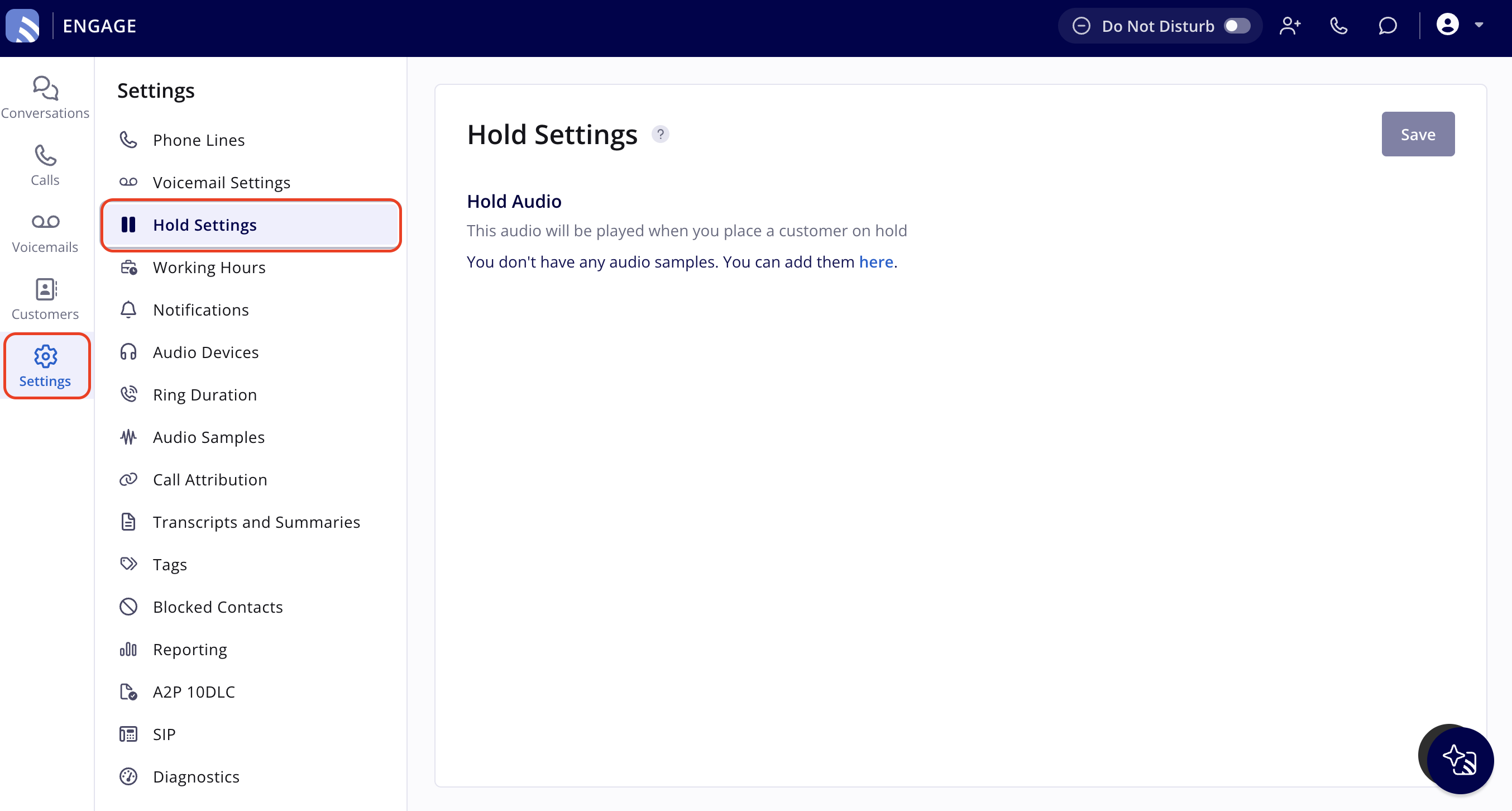 The Hold Settings page in Engage Settings, with Settings highlighted in the left navigation, Hold Settings highlighted in the Settings menu, and the Hold Audio section beside a Save button
