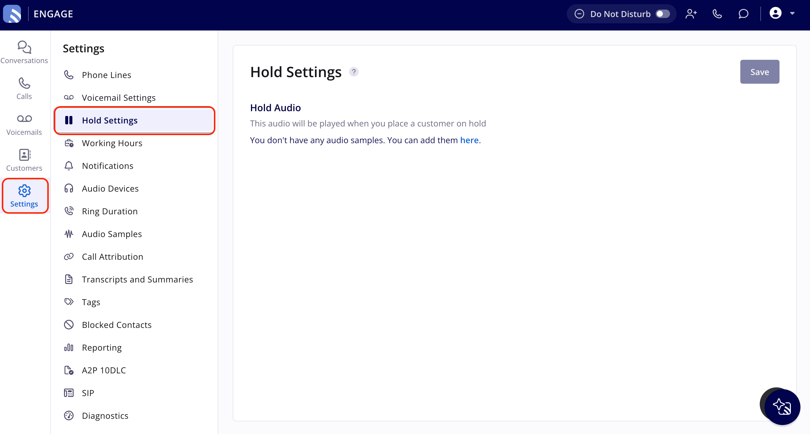 The Hold Settings page in Engage Settings, with Settings highlighted in the left navigation, Hold Settings highlighted in the Settings menu, and the Hold Audio section beside a Save button
