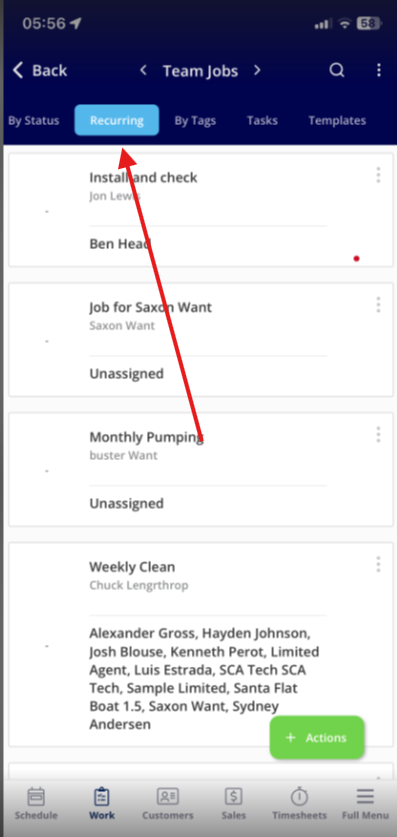 The Recurring jobs sub-tab on the FieldPulse mobile app