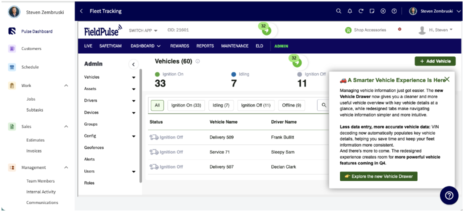 The Vehicles list in the Fleet Tracking dashboard showing ignition status counts and driver assignments, with an announcement introducing the new Vehicle Drawer