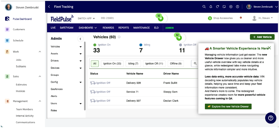 The Vehicles list in the Fleet Tracking dashboard showing ignition status counts and driver assignments, with an announcement introducing the new Vehicle Drawer