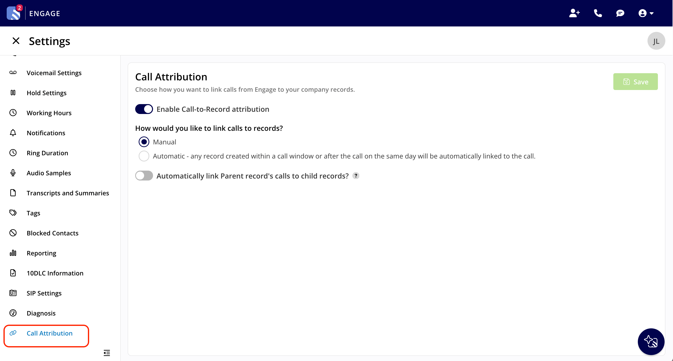 Call Attribution page in Engage Settings with Enable Call-to-Record attribution turned on, Manual selected, and Automatically link Parent record's calls to child records turned off