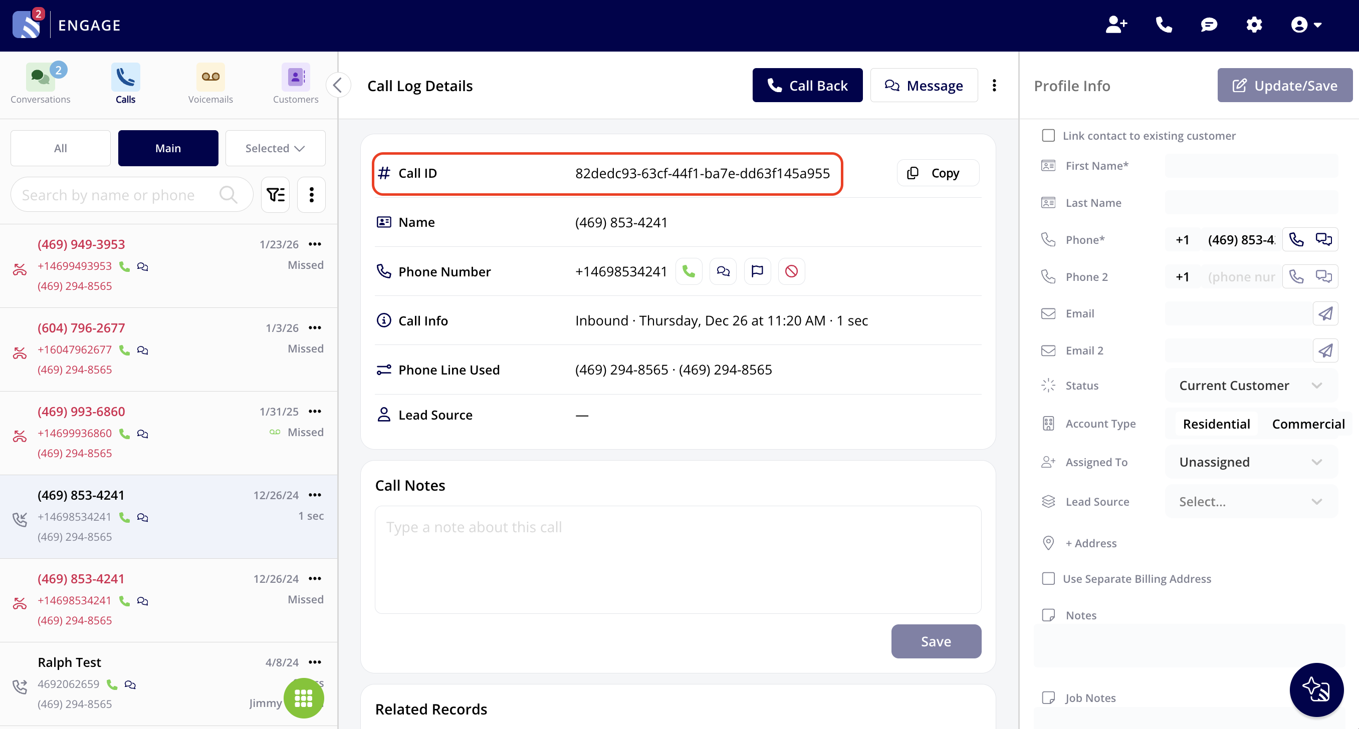 Engage Call Log Details page with the Call ID field and its value highlighted, next to the Copy button