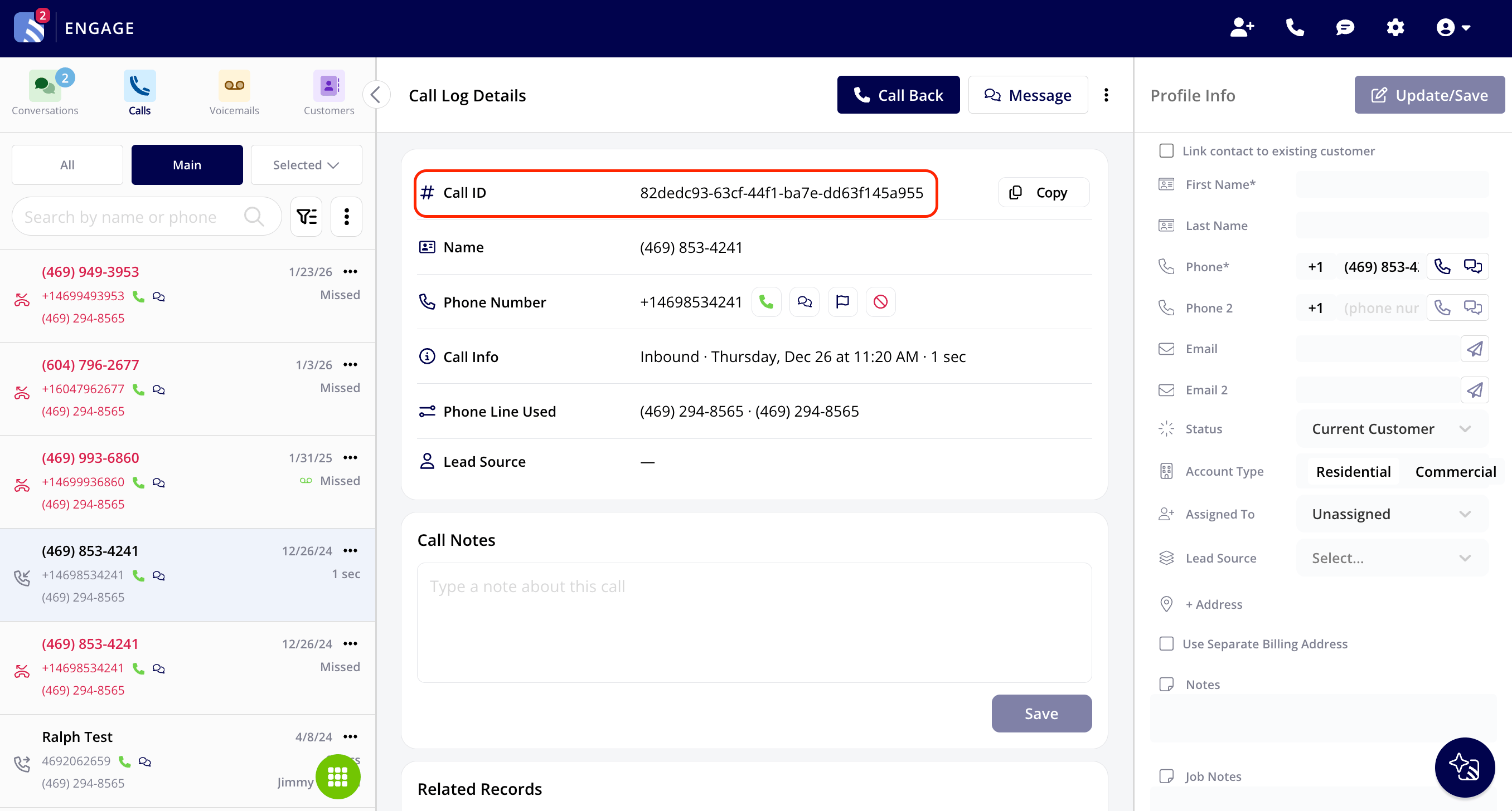 Engage Call Log Details page with the Call ID field and its value highlighted, next to the Copy button