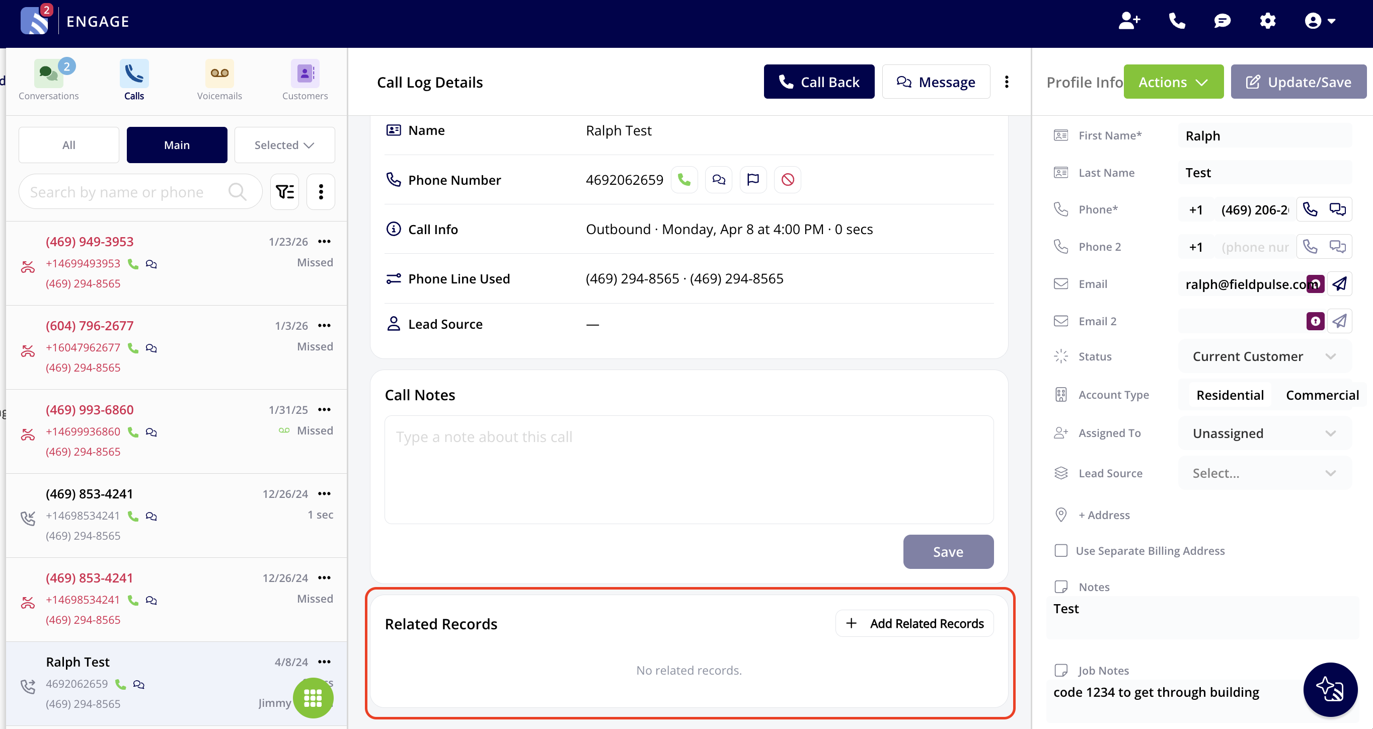 Engage Call Log Details page with the Related Records section highlighted below Call Notes, showing the + Add Related Records button and no related records yet