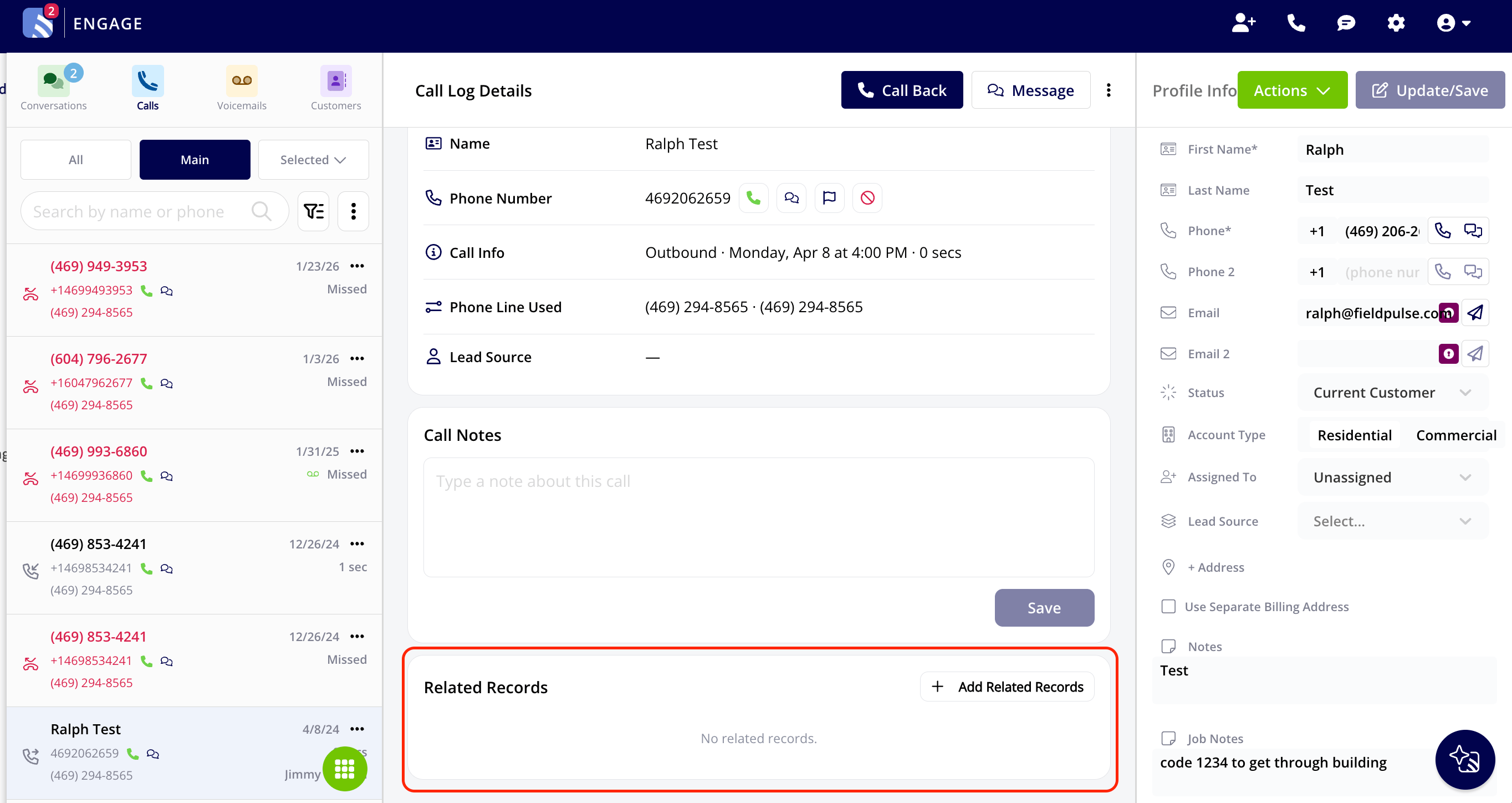 Engage Call Log Details page with the Related Records section highlighted below Call Notes, showing the + Add Related Records button and no related records yet