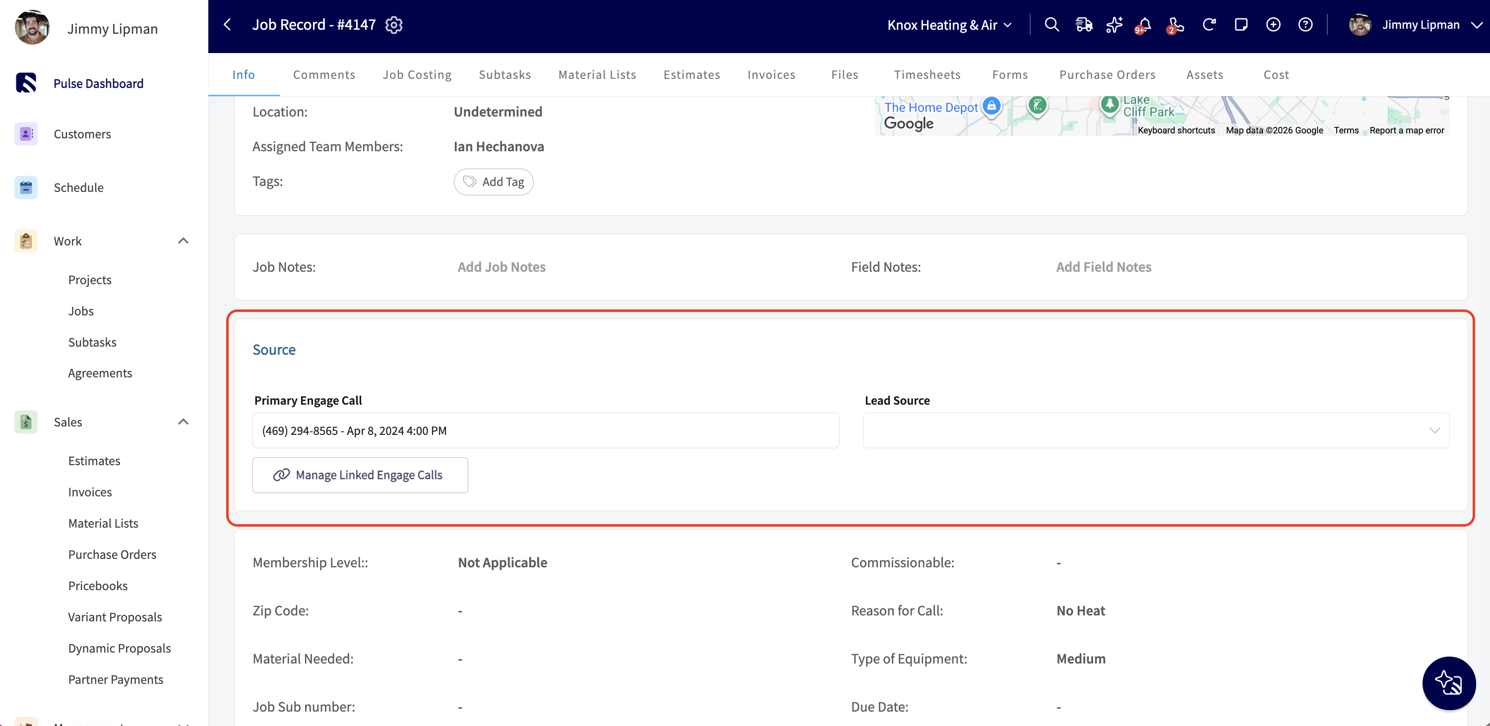 Source section on a Job record showing the Primary Engage Call, Lead Source, and Manage Linked Engage Calls button