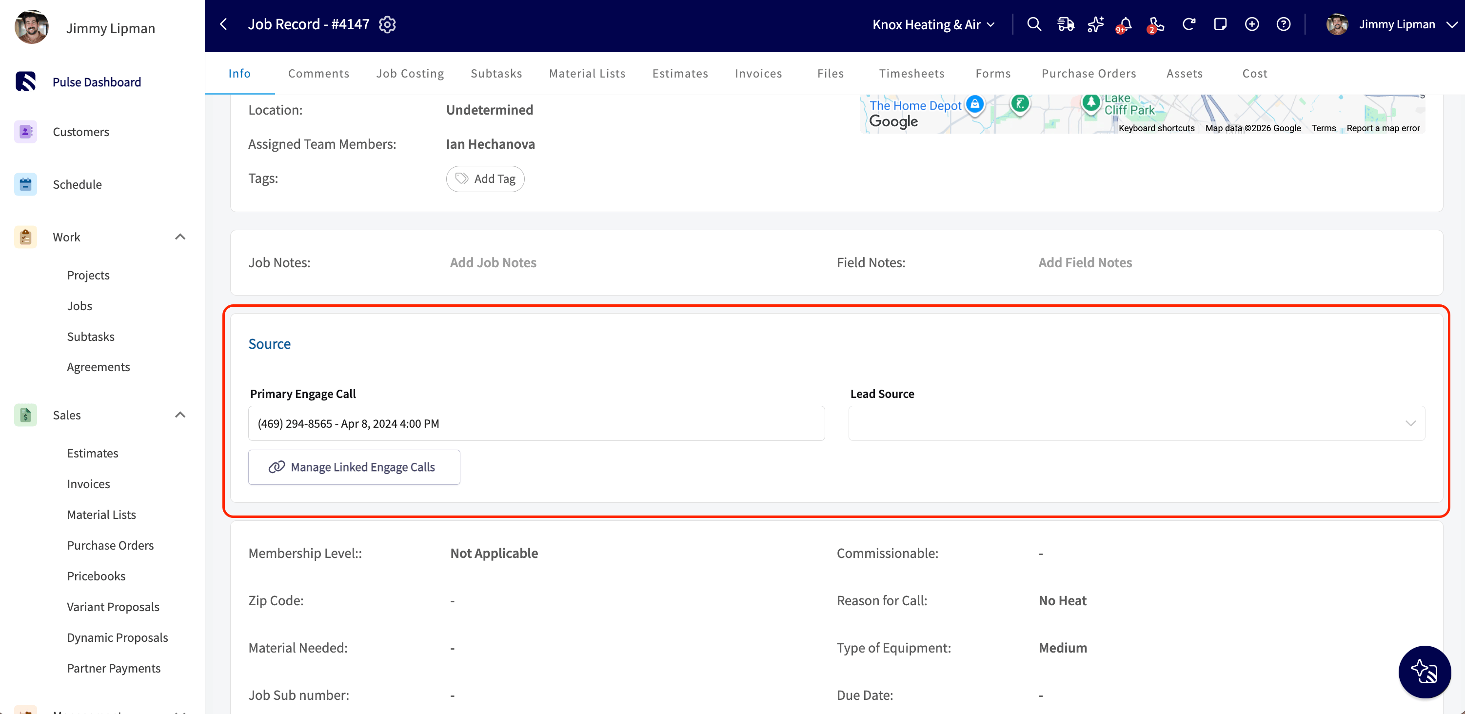 Source section on a Job record showing the Primary Engage Call, Lead Source, and Manage Linked Engage Calls button