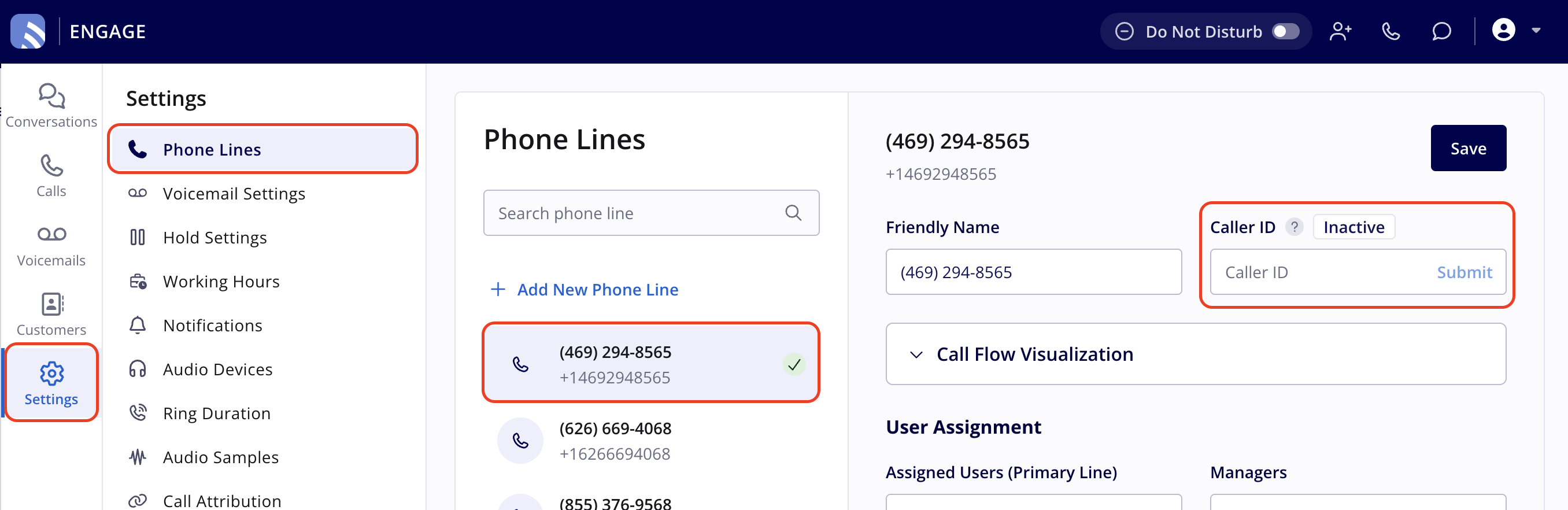 Engage with Settings highlighted in the left navigation bar, Phone Lines highlighted in the Settings list, a phone line selected, and that line's Caller ID field with an Inactive status and the Submit option