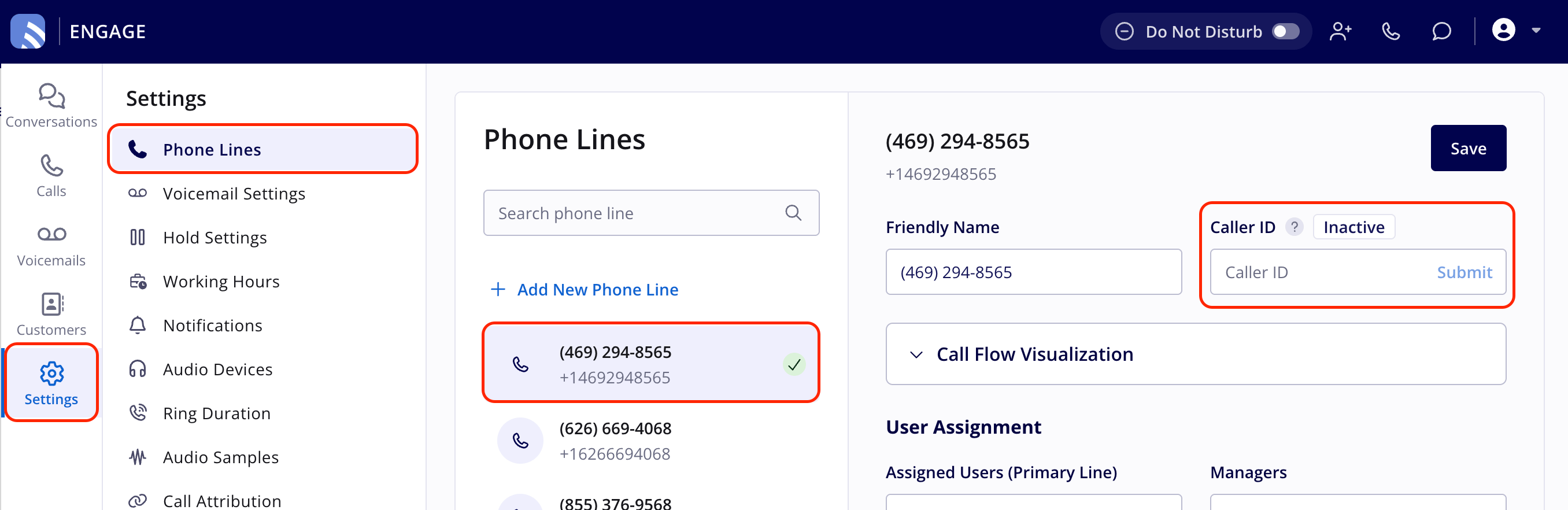 Engage with Settings highlighted in the left navigation bar, Phone Lines highlighted in the Settings list, a phone line selected, and that line's Caller ID field with an Inactive status and the Submit option