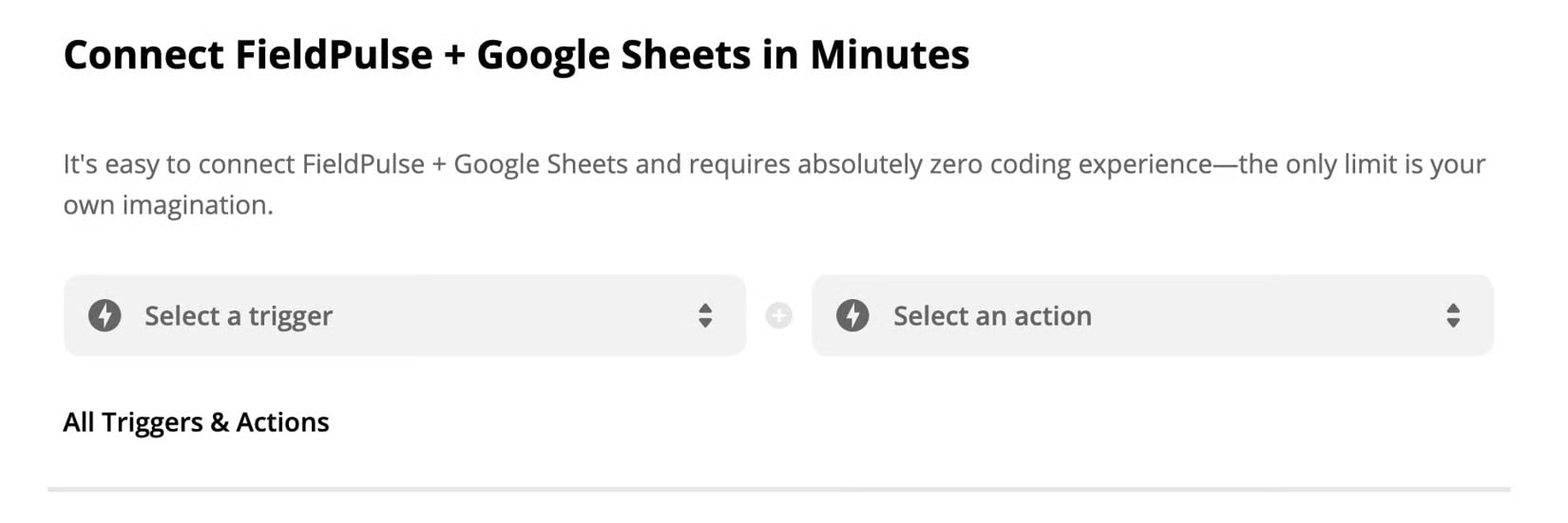 Zapier Connect FieldPulse + Google Sheets page with Select a trigger dropdown