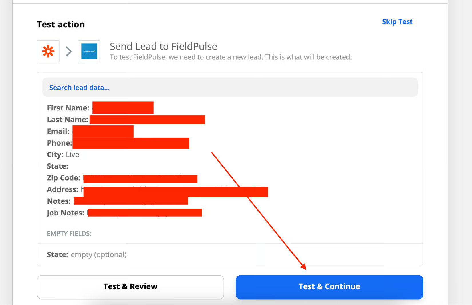 Zapier Test action screen previewing the lead data to send to FieldPulse