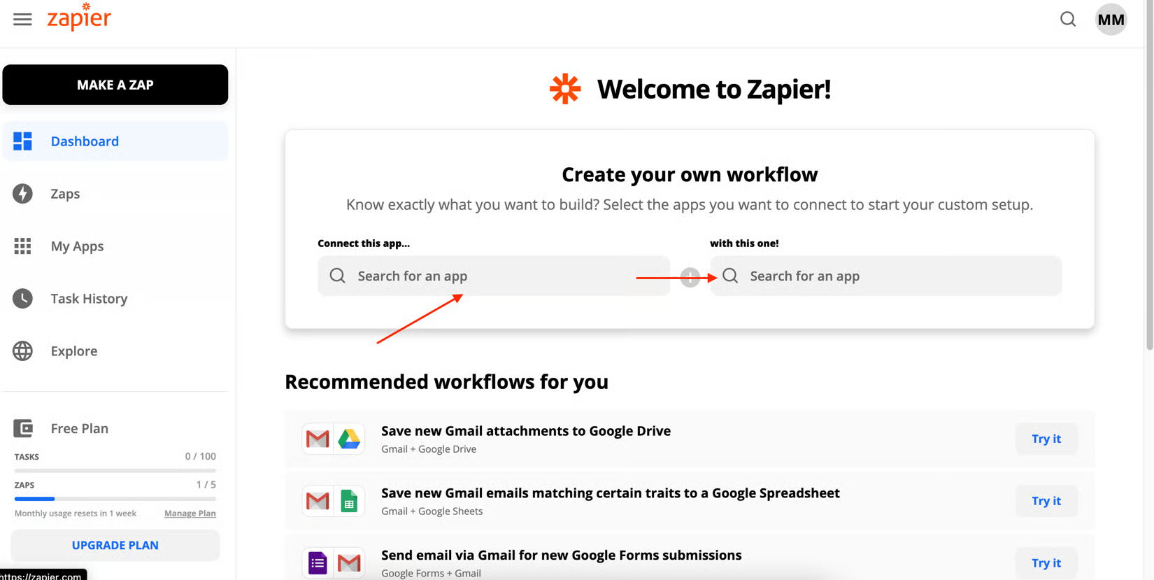 Zapier dashboard Create your own workflow panel with two Search for an app fields