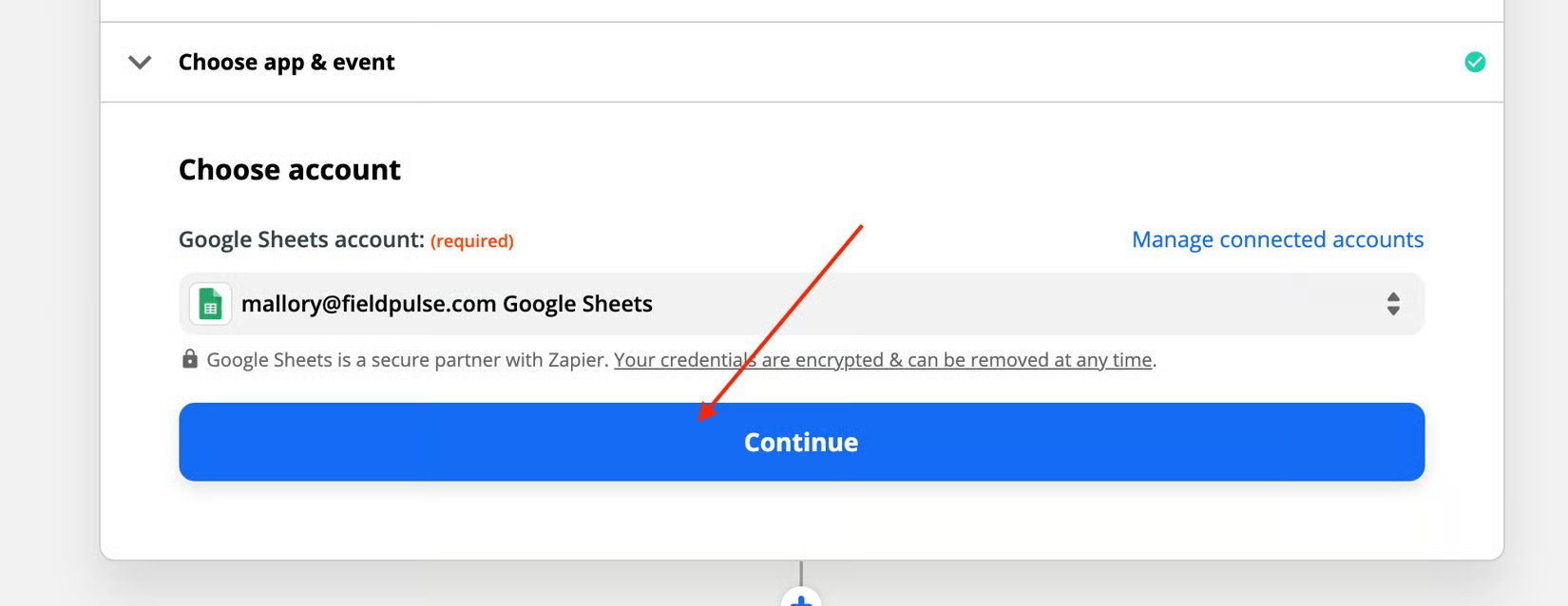 Choose account step showing a connected Google Sheets account and Continue button