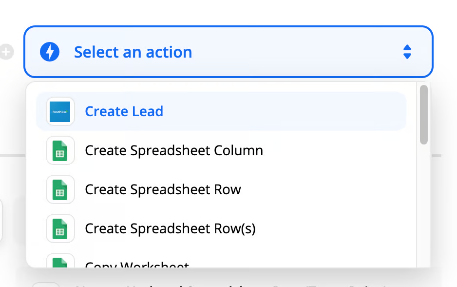 Select an action dropdown open with Create Lead listed under FieldPulse