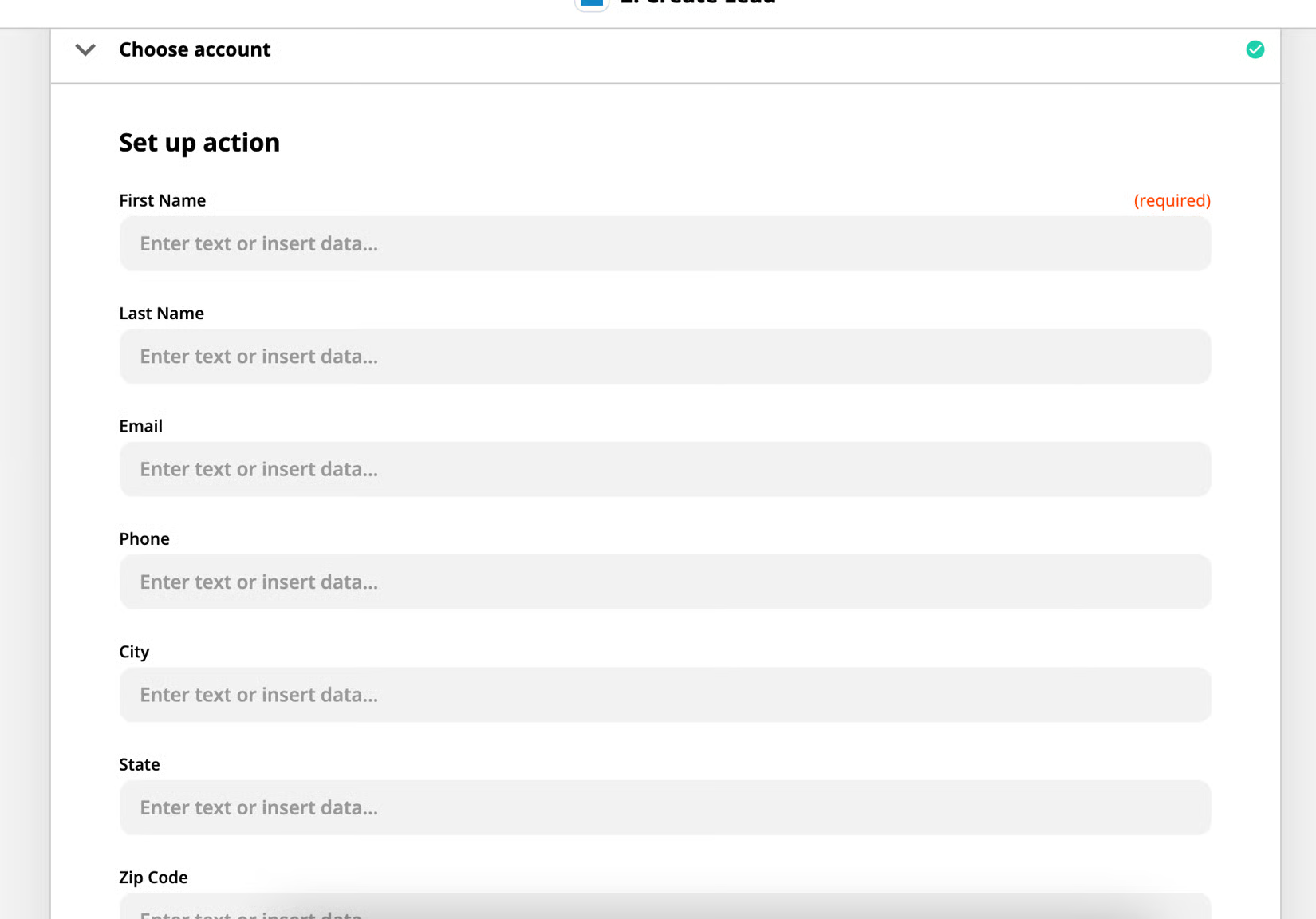FieldPulse Create Lead Set up action form listing First Name, Email and Phone fields