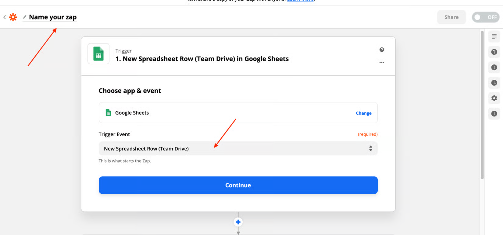 Zap editor trigger step with Name your zap field and New Spreadsheet Row trigger event