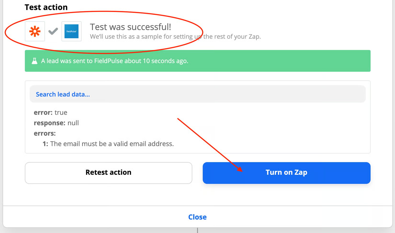 Test was successful! confirmation with Retest action and Turn on Zap buttons