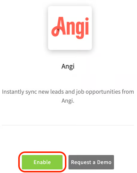 Angi tile in FieldPulse Features & Plugins with the Enable button highlighted