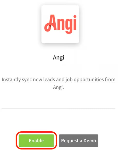 Angi tile in FieldPulse Features & Plugins with the Enable button highlighted