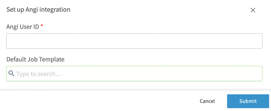 Set up Angi integration pop-up with Angi User ID and Default Job Template fields