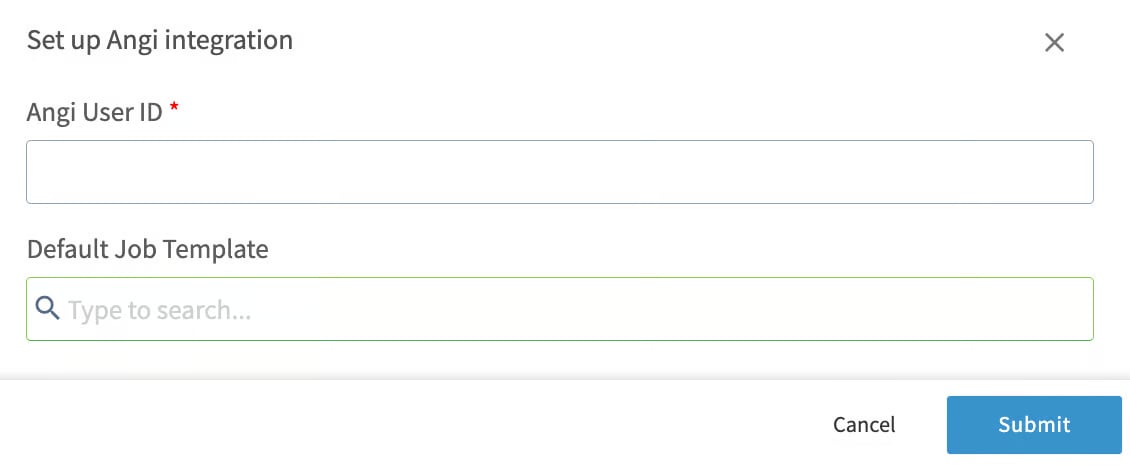 Set up Angi integration pop-up with Angi User ID and Default Job Template fields