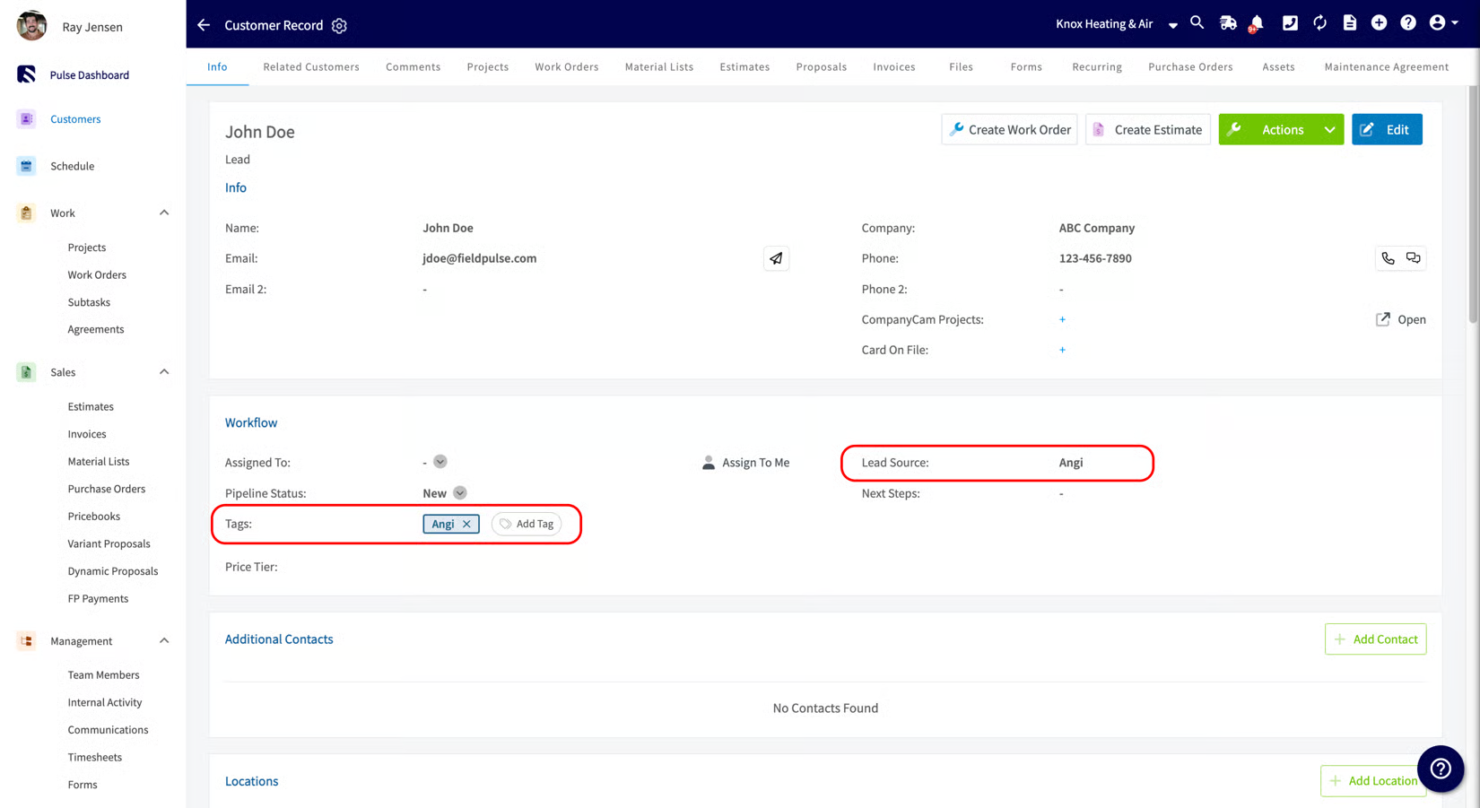 FieldPulse Customer Record with Lead Source set to Angi and an Angi tag