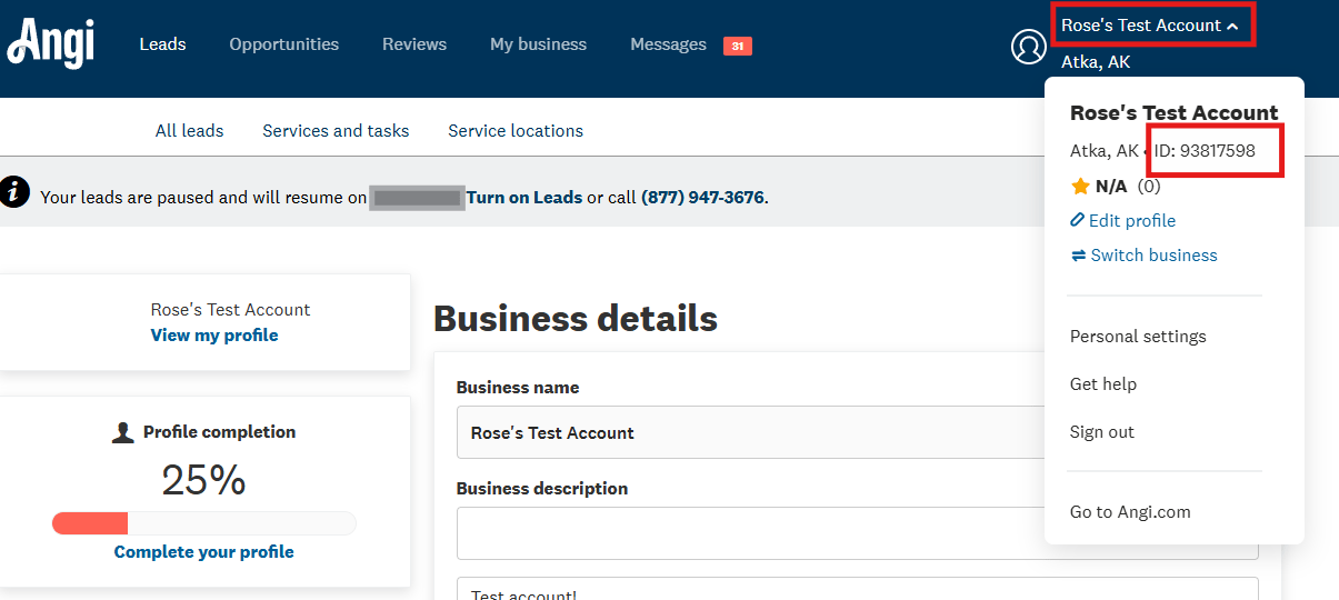 Angi account drop-down showing the Service Provider ID beside the account name