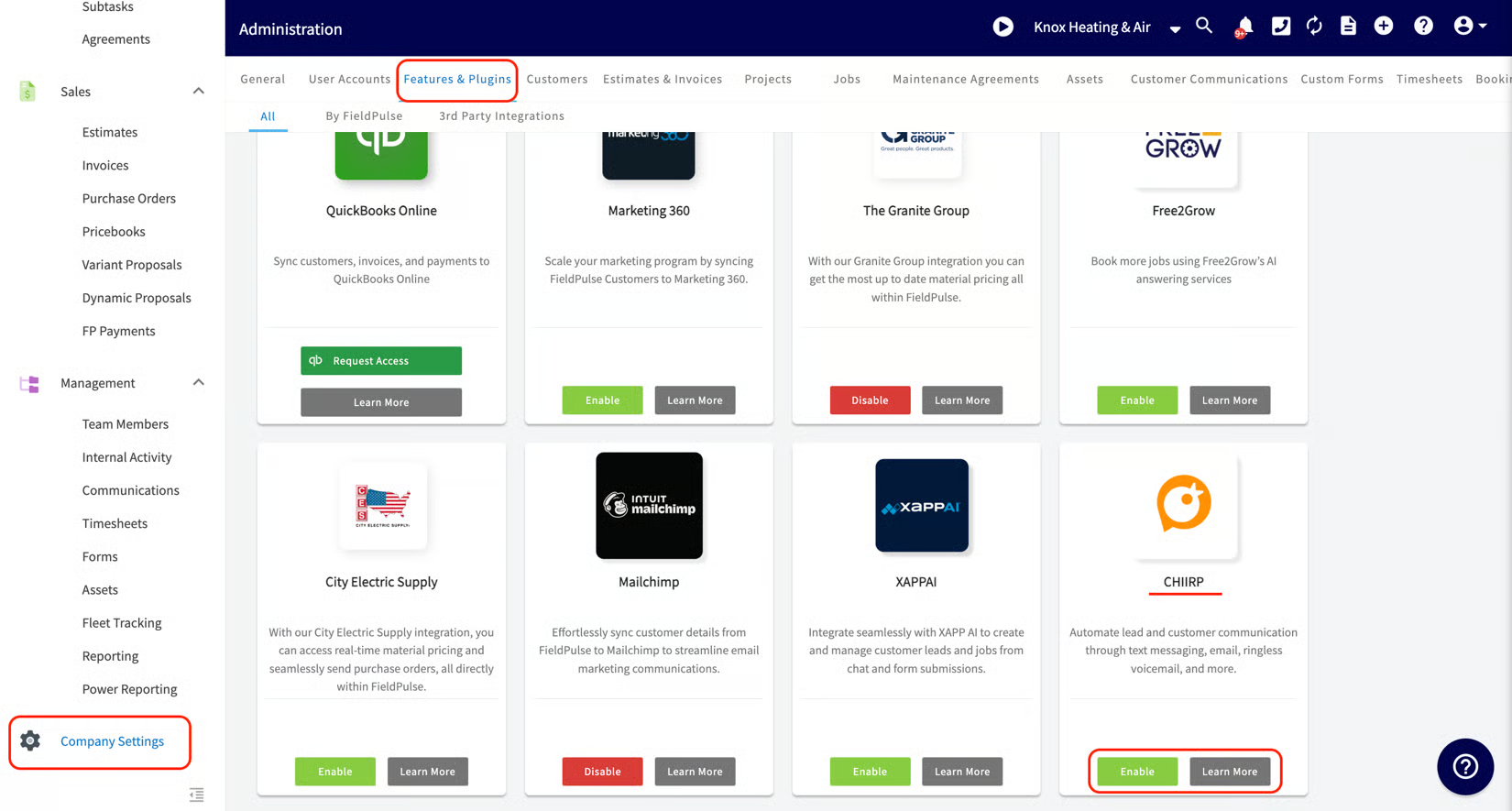 CHIIRP tile in FieldPulse Features & Plugins with the Enable button highlighted