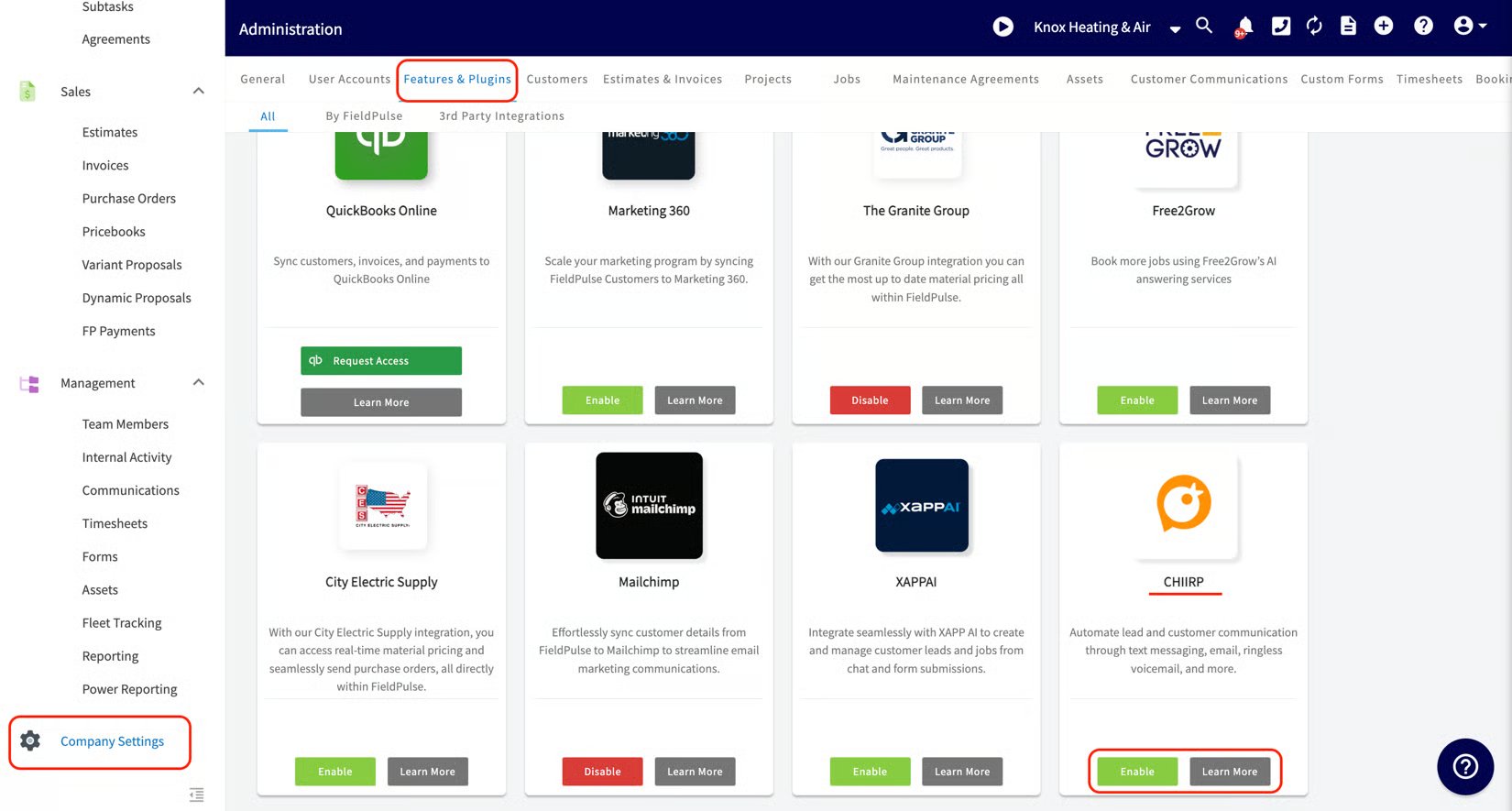 CHIIRP tile in FieldPulse Features & Plugins with the Enable button highlighted