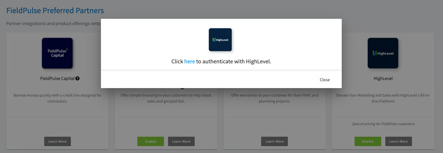 HighLevel authentication pop-up over the FieldPulse Preferred Partners tiles
