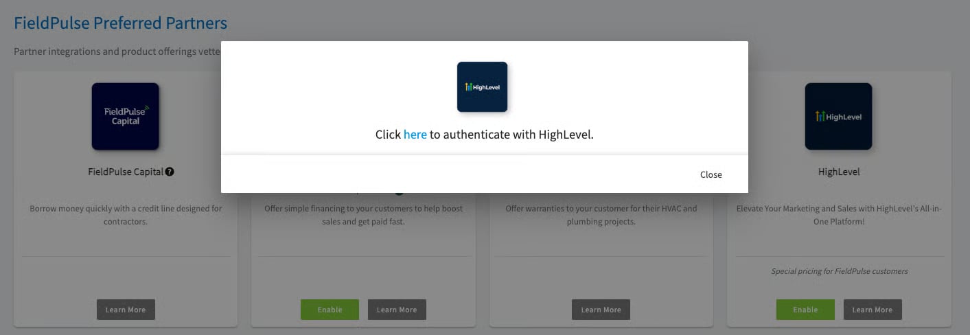 HighLevel authentication pop-up over the FieldPulse Preferred Partners tiles
