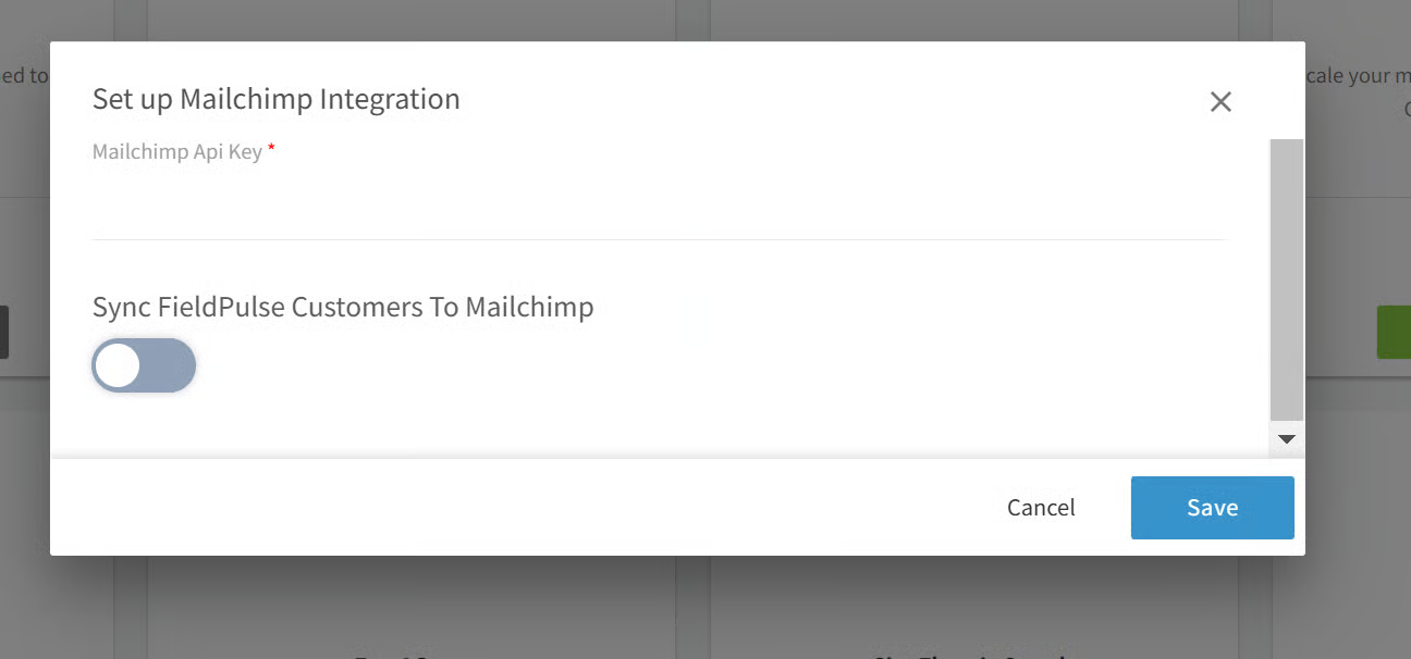 Set up Mailchimp Integration pop-up with the API key field and customer sync toggle