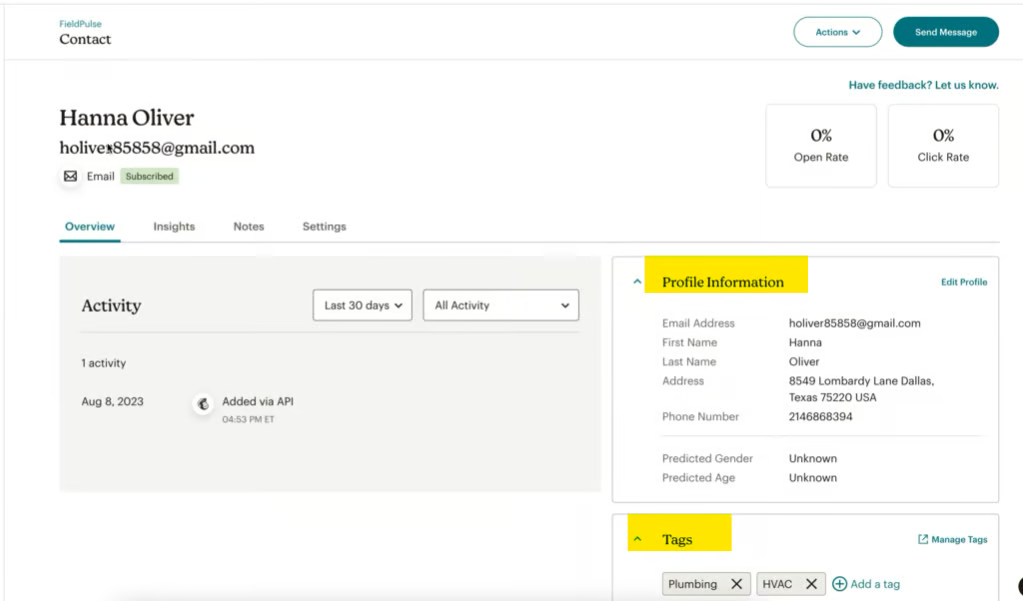 Mailchimp contact page showing Profile Information and Tags synced from FieldPulse