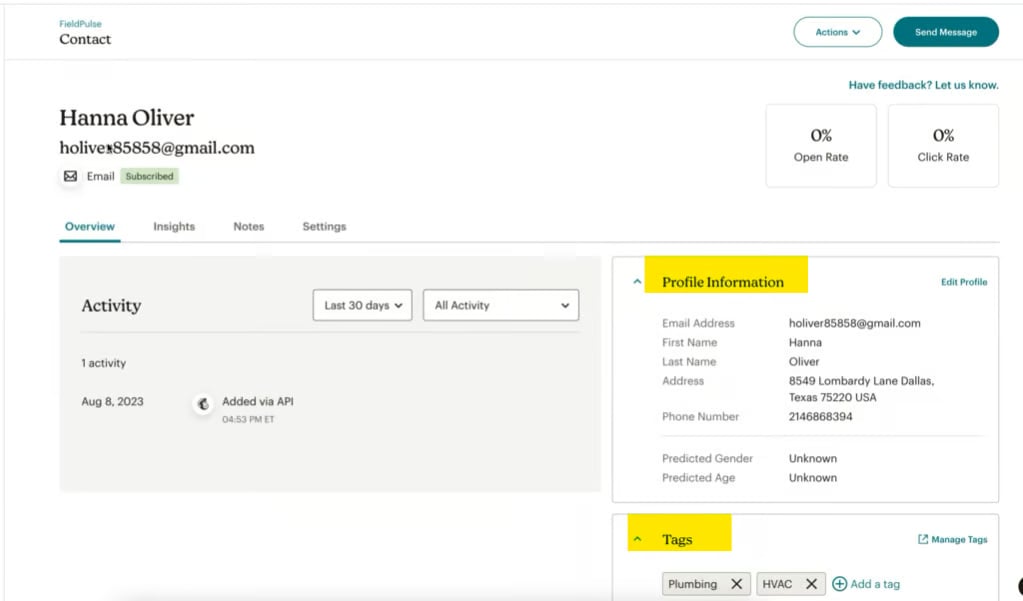 Mailchimp contact page showing Profile Information and Tags synced from FieldPulse