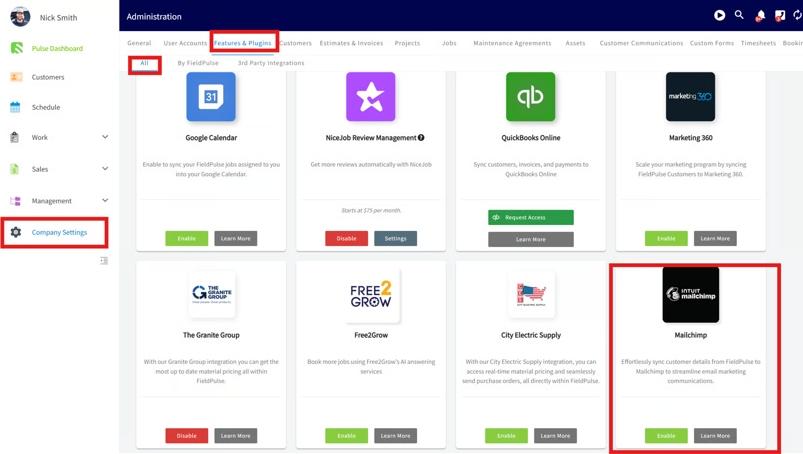 Mailchimp tile highlighted in the FieldPulse Features & Plugins settings page