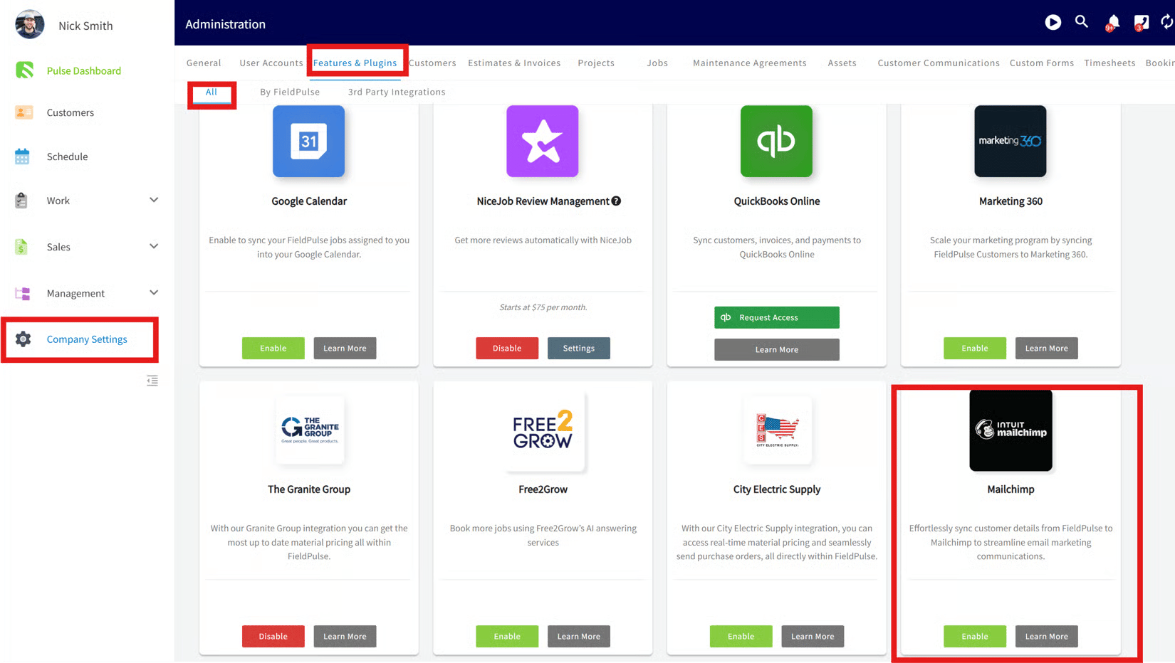 Mailchimp tile highlighted in the FieldPulse Features & Plugins settings page