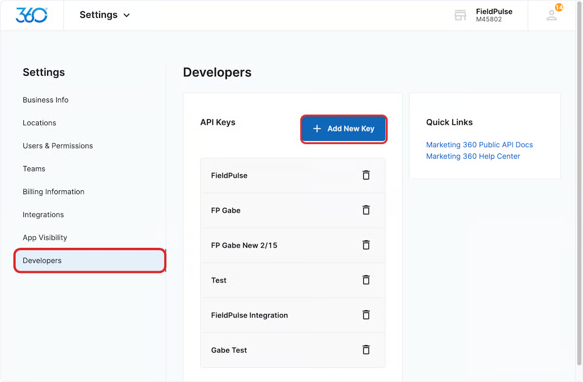 Marketing 360 Settings Developers page with the Add New Key button highlighted