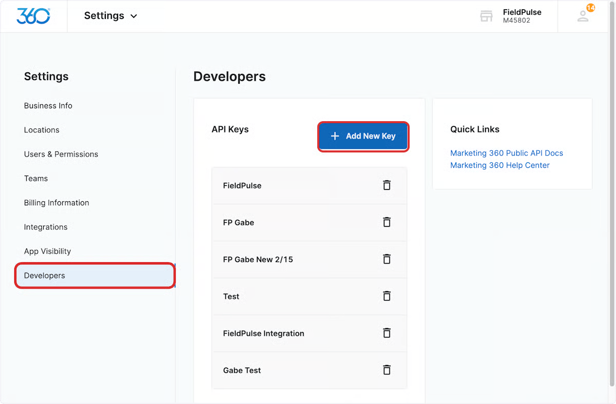 Marketing 360 Settings Developers page with the Add New Key button highlighted