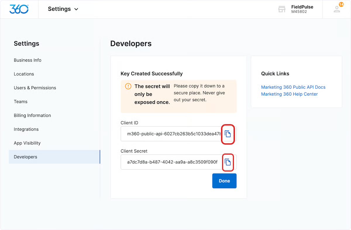 Key Created Successfully panel with Client ID and Client Secret copy buttons